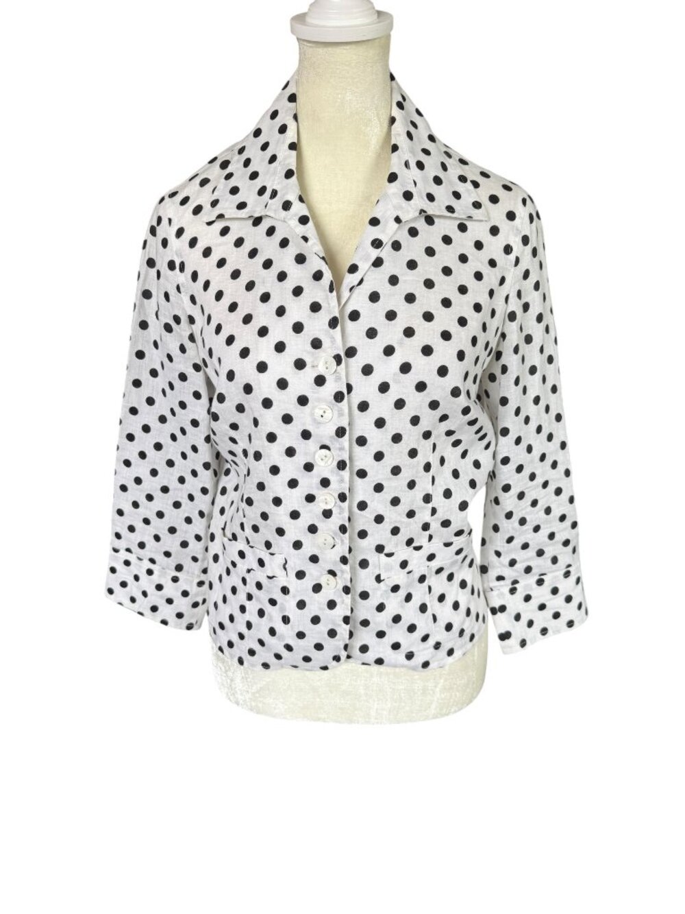 Talbots Petites women's linen blazer black and white polka dot 3/4 sleeve 4P